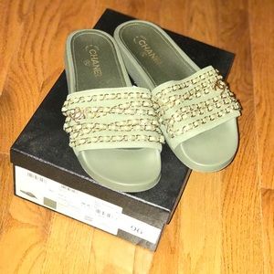 Khaki Chanel slides